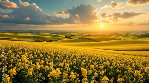 picturesque rural landscape at sunset, with a field of yellow flowers in the foreground and a golden sky with fluffy clouds.