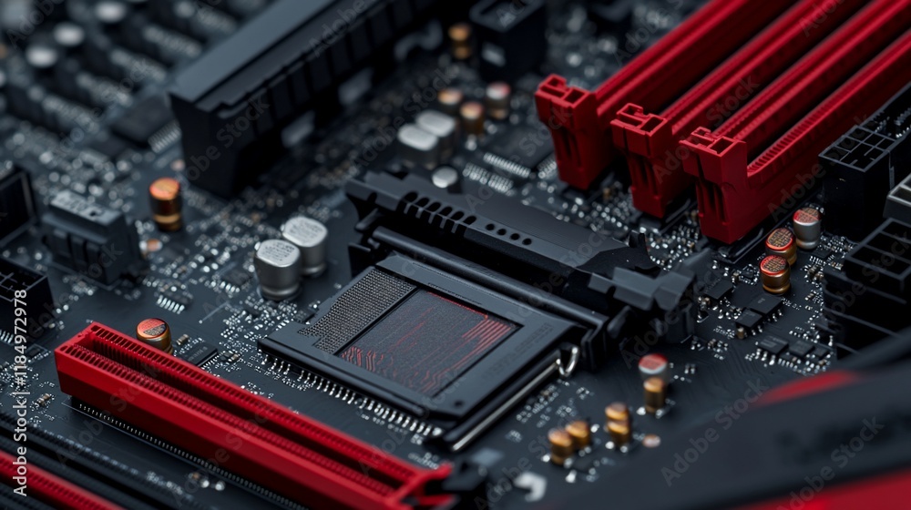 Close-up of a computer motherboard with RAM and SSD slots.