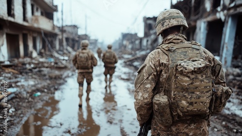 Military personnel navigate through debris-strewn urban landscapes, a solemn depiction of resilience and the challenges faced in conflict zones during turbulent times.