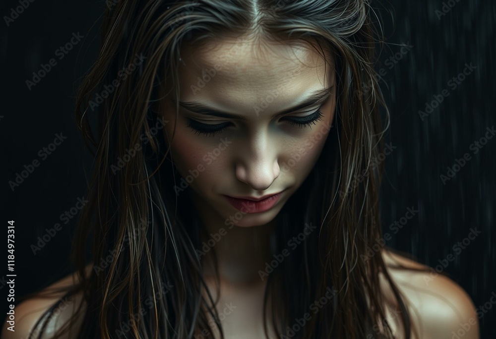 Fototapeta premium Wet young woman under heavy rain