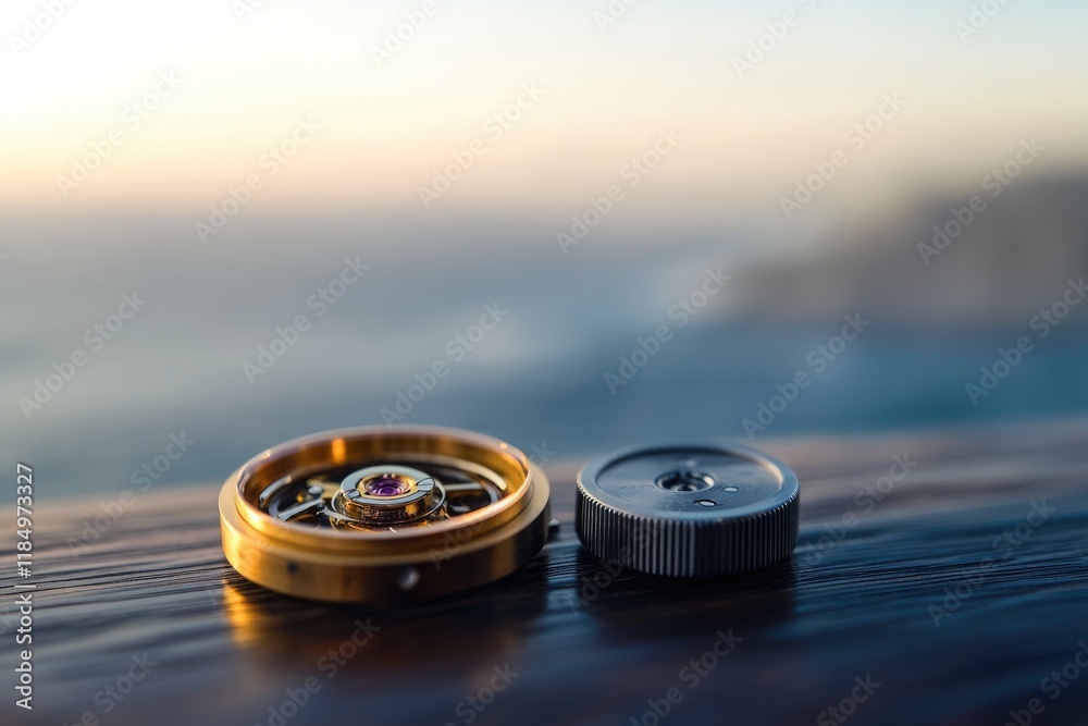 Close-up of intricate watch components, showcasing precision engineering against a blurred ocean backdrop. Close-up of intricate watch components, showcasing precision engineering against a blurred ocean backdrop.