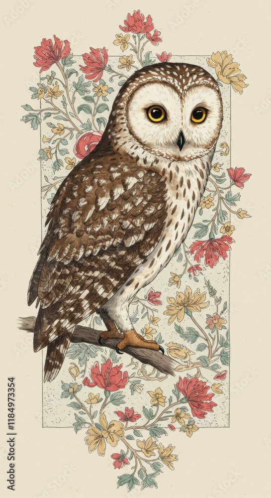 Fototapeta premium Charming owl perched amidst elegant floral patterns in artistic design
