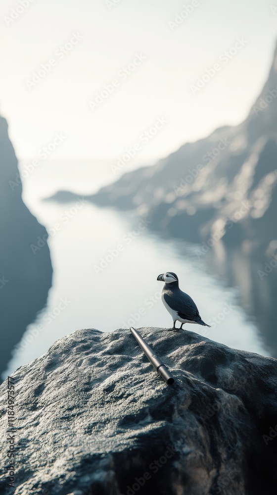A solitary seabird perched on a rocky cliff overlooking a tranquil sea, creating a serene coastal scene. A solitary seabird perched on a rocky cliff overlooking a tranquil sea, creating a serene coastal scene.