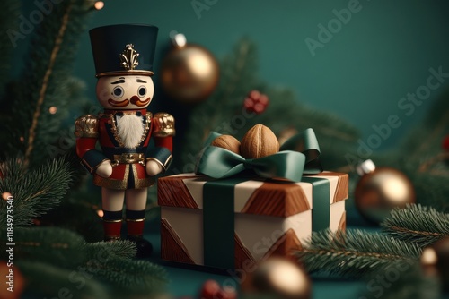 A festive nutcracker soldier stands beside a beautifully wrapped gift box, surrounded by holiday decorations. photo