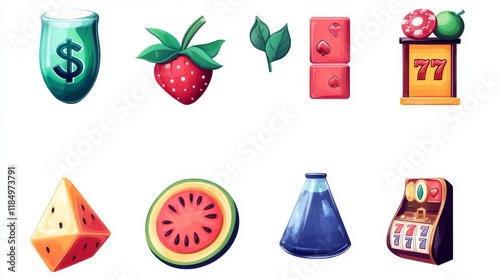 Set of casino cartoon slot machine icon. Cartoon gambling game ui element in vector. 777, dollar, watermelon and bar asset for online gamble website. Glossy lottery vector illustration collection. photo