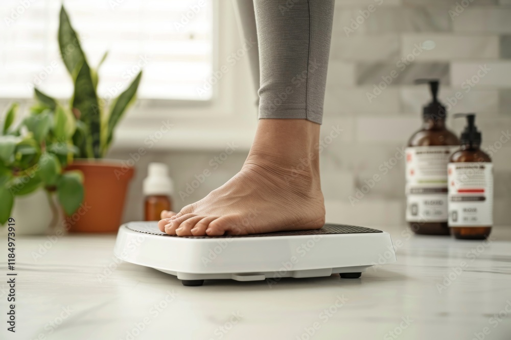 Fototapeta premium Morning routine: stepping on scale