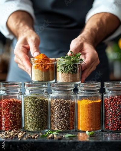 Fototapeta Naklejka Na Ścianę i Meble -  A male chef organizes vibrant spices in glass jars on a dark countertop, showcasing culinary creativity.