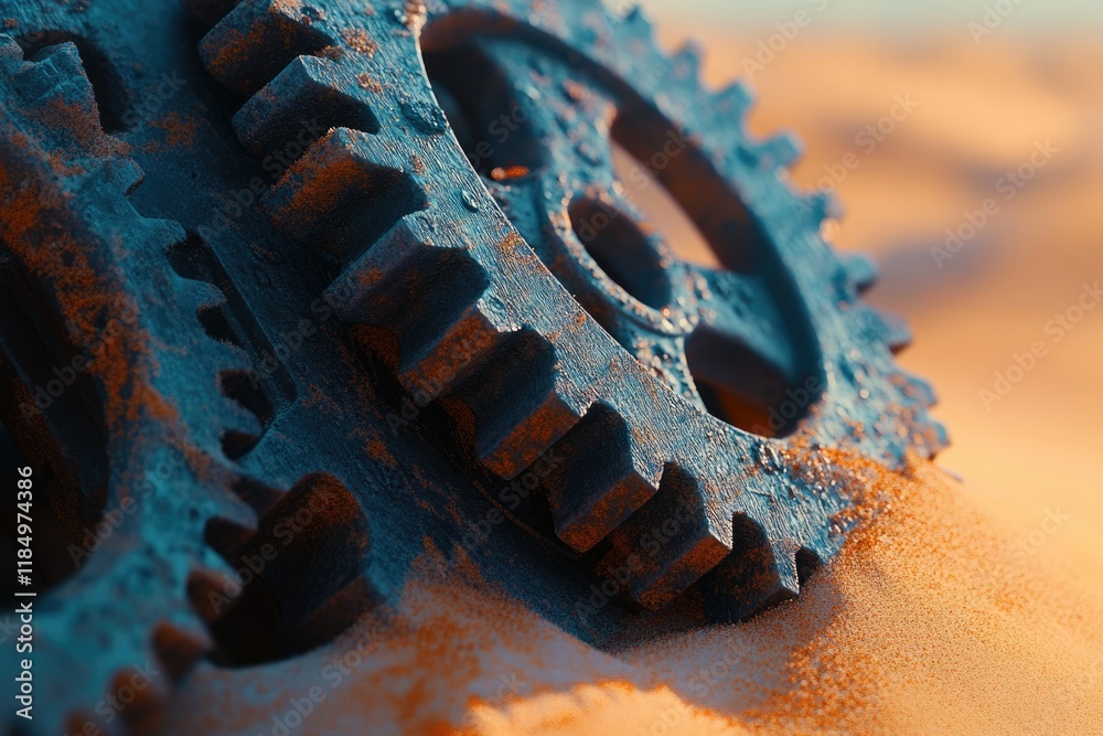 Rusty gears lie half-buried in the sand, hinting at a forgotten past and potential. Rusty gears lie half-buried in the sand, hinting at a forgotten past and potential.