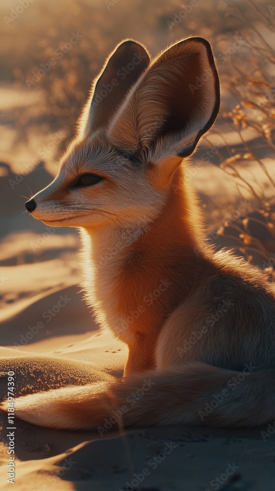 Fototapeta premium Close-up of a fennec fox in warm sunset light, highlighting its large ears and soft fur.