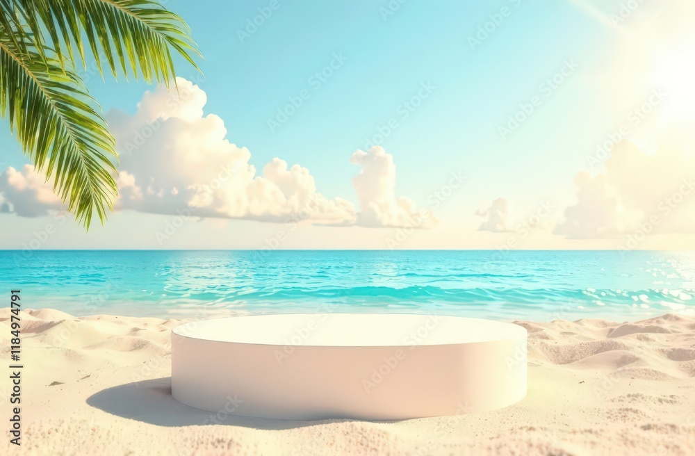 Obraz premium Beach podium summer background sand product 3D sea display platform. Beach podium summer banner stand scene sale sky holiday vacation stage water island sun travel pedestal promotion
