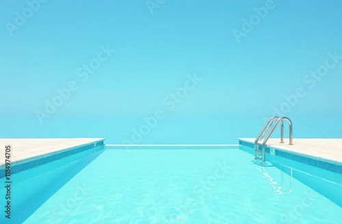 Empty swimming pool with clear water and ladder against blue sky background, creating a serene summer vibe