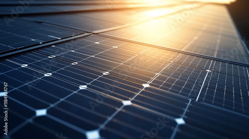 Close-up of solar panels at sunset, showcasing clean energy technology.