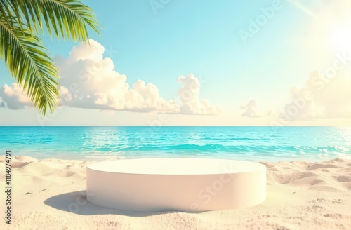 Beach podium summer background sand product 3D sea display platform. Beach podium summer banner stand scene sale sky holiday vacation stage water island sun travel pedestal promotion