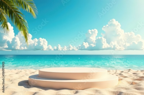 Beach podium summer background sand product 3D sea display platform. Beach podium summer banner stand scene sale sky holiday vacation stage water island sun travel pedestal promotion