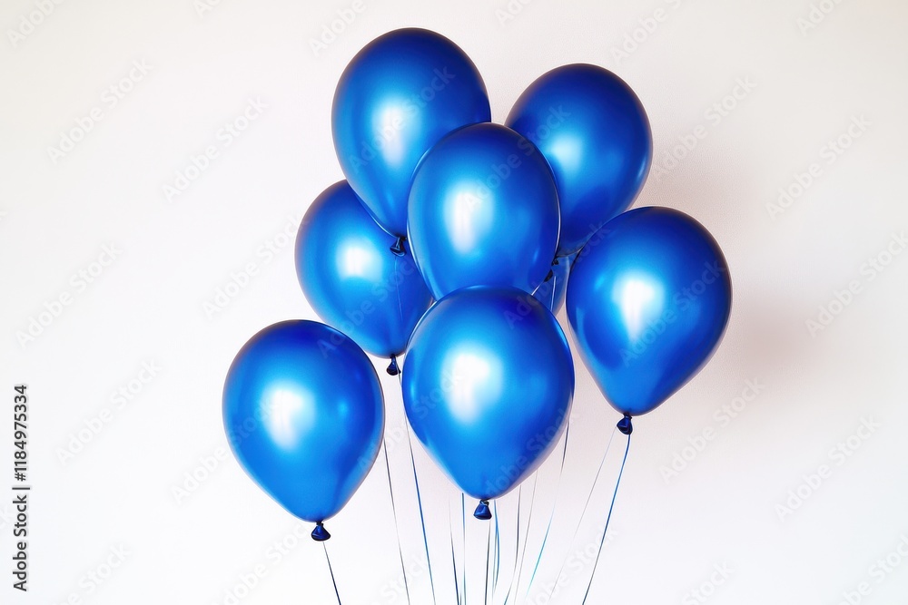 A vibrant cluster of glossy blue balloons floating against a soft white background. A vibrant cluster of glossy blue balloons floating against a soft white background.