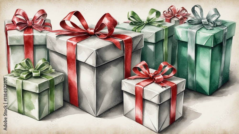 Fototapeta premium Hand-painted gift boxes with pastel presents, delicate bows, and ribbons in red, green, and silver, arranged artistically on textured paper