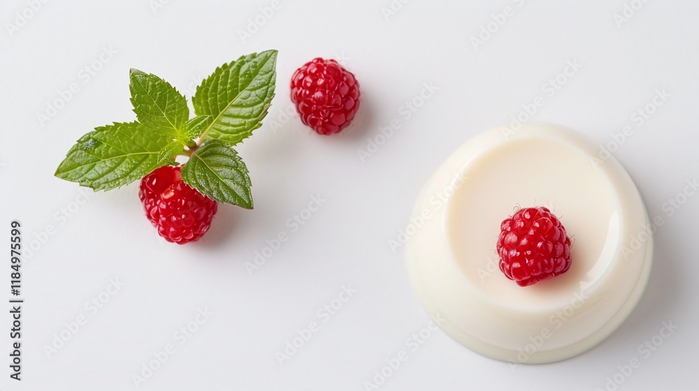 Vanilla panna cotta with a fresh raspberry on top, surrounded by mint leaves and raspberries, isolated on white background, flat lay dessert composition, minimalistic gourmet sweet treat design
Vanilla panna cotta with a fresh raspberry on top, surrounded by mint leaves and raspberries, isolated on white background, flat lay dessert composition, minimalistic gourmet sweet treat design