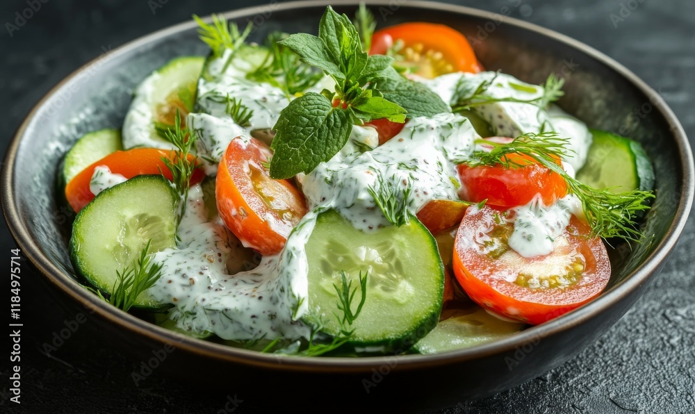 Vegetable salad with quinoa and tzatziki sauce, fresh cucumber, tomato, and herbs. Vegetable salad with quinoa and tzatziki sauce, fresh cucumber, tomato, and herbs.