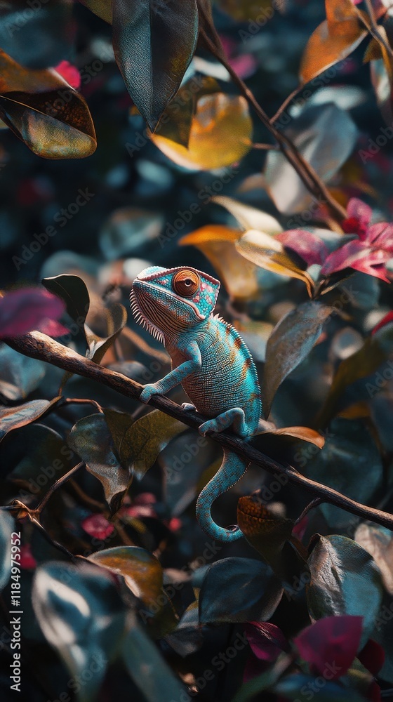 Naklejka premium Vibrant blue chameleon perched on a branch surrounded by lush foliage, showcasing unique colors and details.