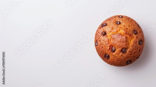 Chocolate chip muffin with golden crust, isolated on white background, flat lay bakery composition, minimalistic dessert design, classic sweet treat for snacking

 photo