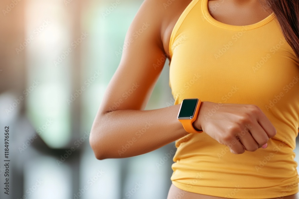 Female athlete tracking fitness progress using orange wearable device while exercising, highlighting technological integration in contemporary workout regimens