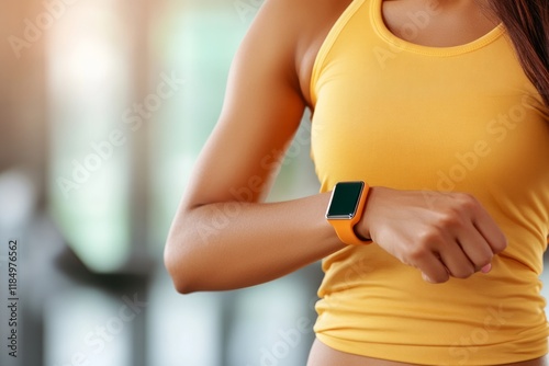Obraz na płótnie Female athlete tracking fitness progress using orange wearable device while exercising, highlighting technological integration in contemporary workout regimens w salonie