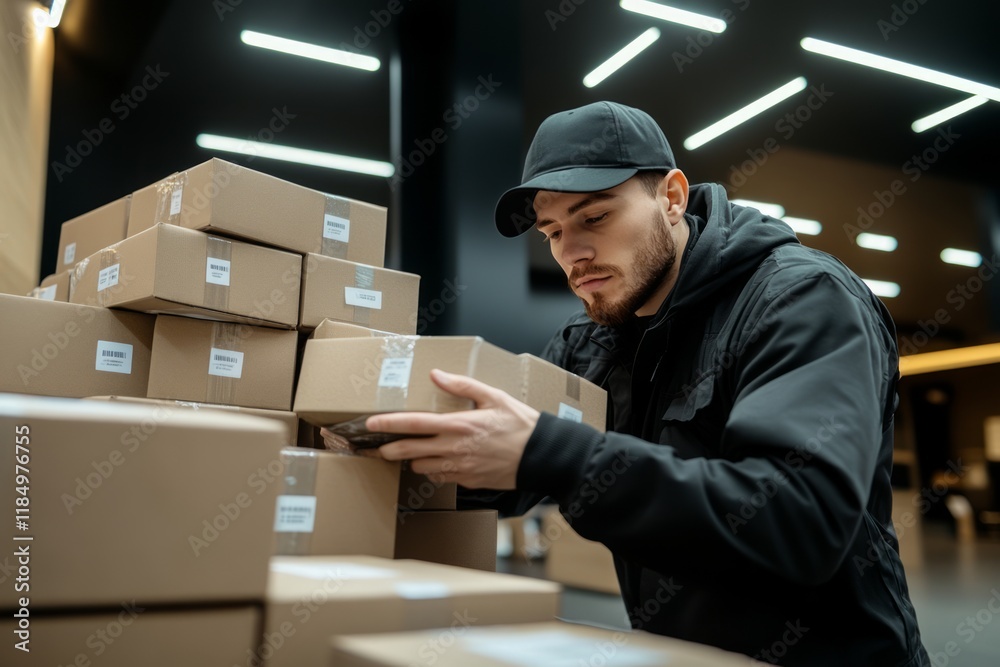 Concentrated delivery man wearing black outfit picking up cardboard box from large stack of packages in warehouse or storage room, preparing for shipment or distribution