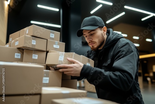 Concentrated delivery man wearing black outfit picking up cardboard box from large stack of packages in warehouse or storage room, preparing for shipment or distribution