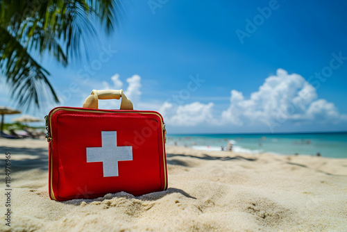 First aid kit on a sandy beach during a sunny day, emphasizing safety in leisure settings