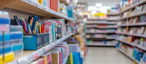 Colorful stationery and books on shelves in a store aisle.