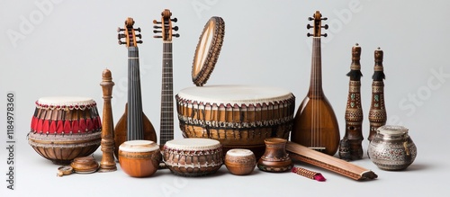 Collection of vintage musical instruments and percussion including drums, stringed instruments, and wind instruments. photo