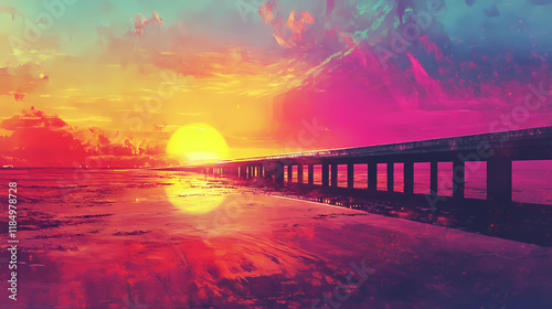 Drone panorama of sunshine skyway bridge over tampa bay generative by ai. Twilighted. Illustration