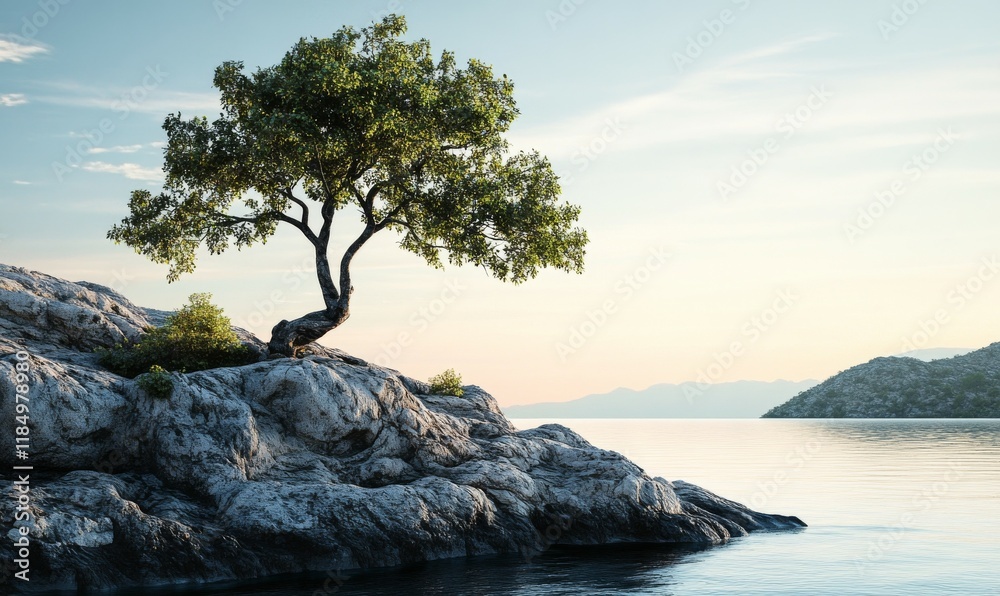 Tree standing on edge of rocky outcrop overlooking water. Tree standing on edge of rocky outcrop overlooking water.