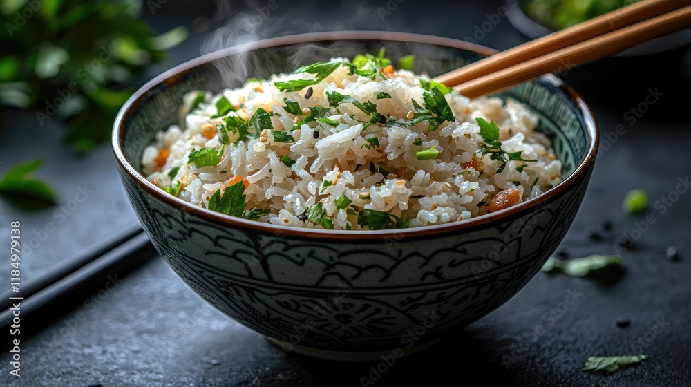 Steaming Bowl of Fragrant Herb Rice Dish Steaming Bowl of Fragrant Herb Rice Dish