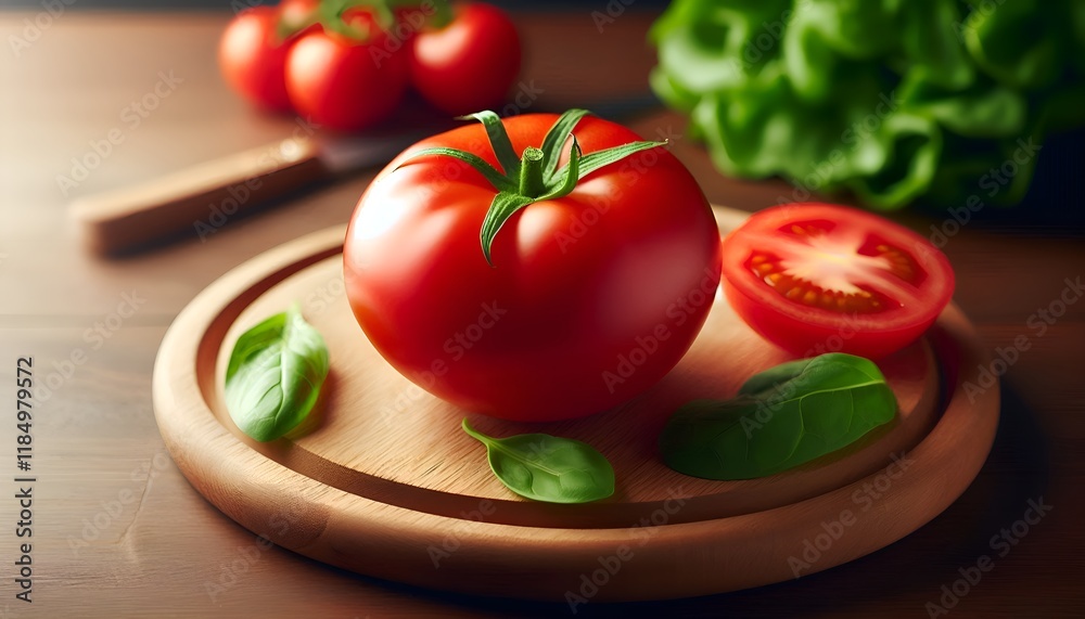 appetizing red tomato on a round wooden board next to basil and a knife appetizing red tomato on a round wooden board next to basil and a knife
