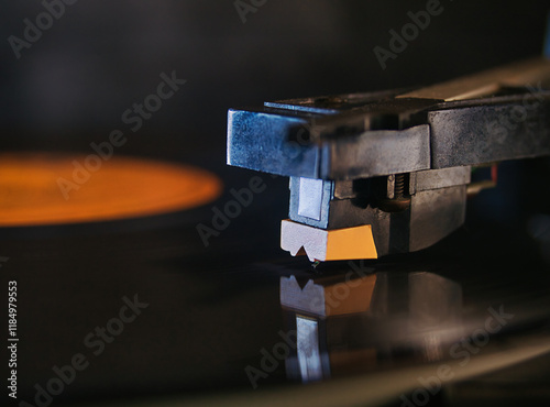Close-up of a vintage record player needle playing a vinyl record, bringing analog music to life. Music concept background, with retro and old style aesthetic.