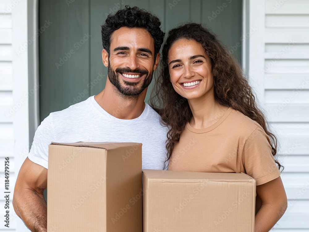Happy couple poses with delivery boxes at home Happy couple poses with delivery boxes at home
