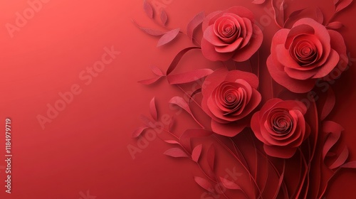 Three red paper roses with leaves on a gradient background for romantic themes
