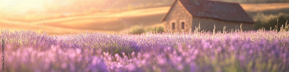 Fototapeta premium Lavender field with rustic house at sunrise creating a calming atmosphere