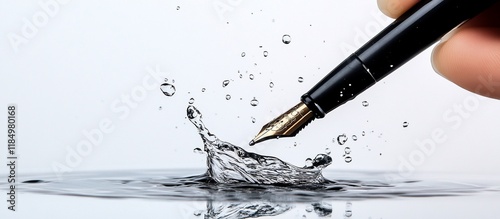 Fountain pen dipping into water, creating a splash.