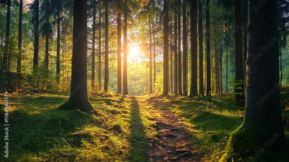 Peaceful nature scenery pine forest with sunlight rays Peaceful nature scenery pine forest with sunlight rays