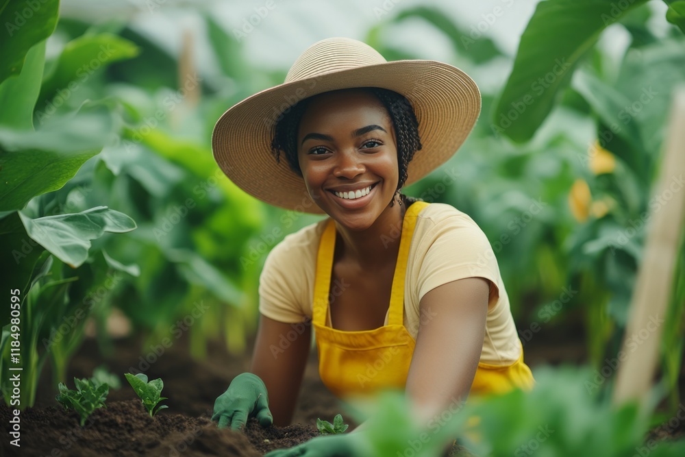 Young african american female farmer wearing straw hat, yellow apron planting seedlings in sunlit greenhouse with rich, fertile soil