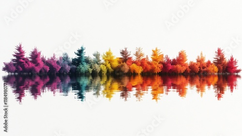 Colorful abstract trees reflected in water, vibrant rainbow hues on white background.