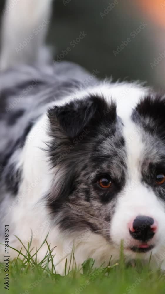 Vertical Video: Portrait of playful border collie dog with a pedigree is running in a green park forest towards the camera and lay down on grass