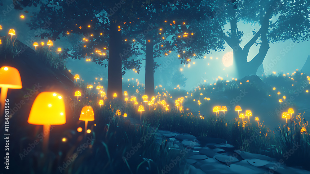 Fototapeta premium 3D Rendered Nature Scene with Glowing Mushrooms and Lush Foliage