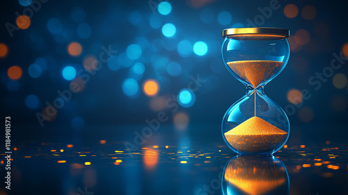 An elegant hourglass rests on a smooth surface, its sand halfway through, symbolizing the relentless passage of time. Blurred seasonal imagery in the background captures life’s fleeting cycles.
