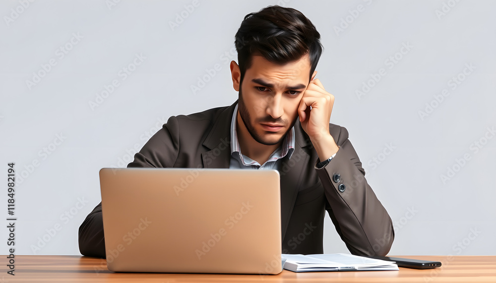 Thoughtful nervous man looking at laptop screen, making decision, student working on research project, difficult task, pensive businessman freelancer reading bad news in email, sitting at desk isola Thoughtful nervous man looking at laptop screen, making decision, student working on research project, difficult task, pensive businessman freelancer reading bad news in email, sitting at desk isola