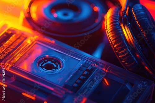 Retro cassette tape and headphones bathed in vibrant neon light, symbolizing nostalgic 80s music. photo