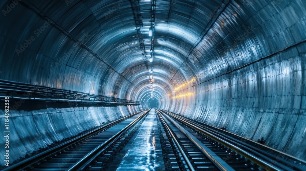 Illuminated underground tunnel with reflective tracks, creating a mysterious and futuristic atmosphere. Illuminated underground tunnel with reflective tracks, creating a mysterious and futuristic atmosphere.