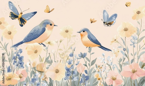 Vivid floral background with birds, butterflies and bees in a pastel color palette, perfect for spring or nature-themed rooms.